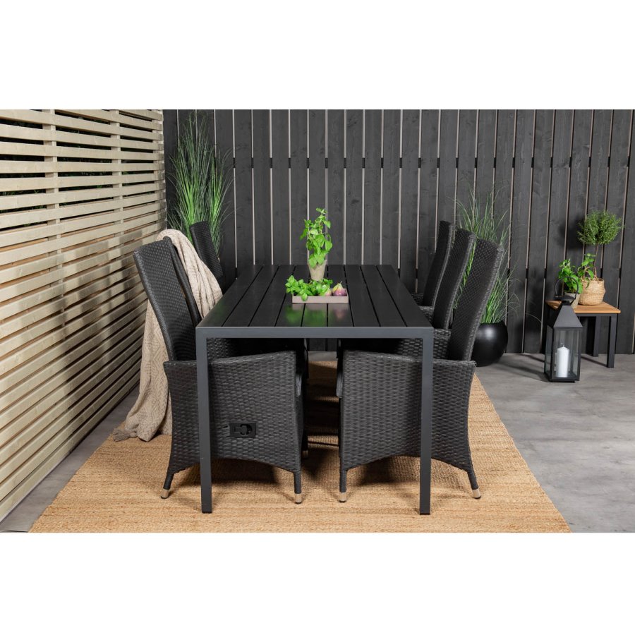 VENTURE DESIGN havest, m. Break bord (205x90) og 6 Padova recliner stole - aintwood/alu/flet