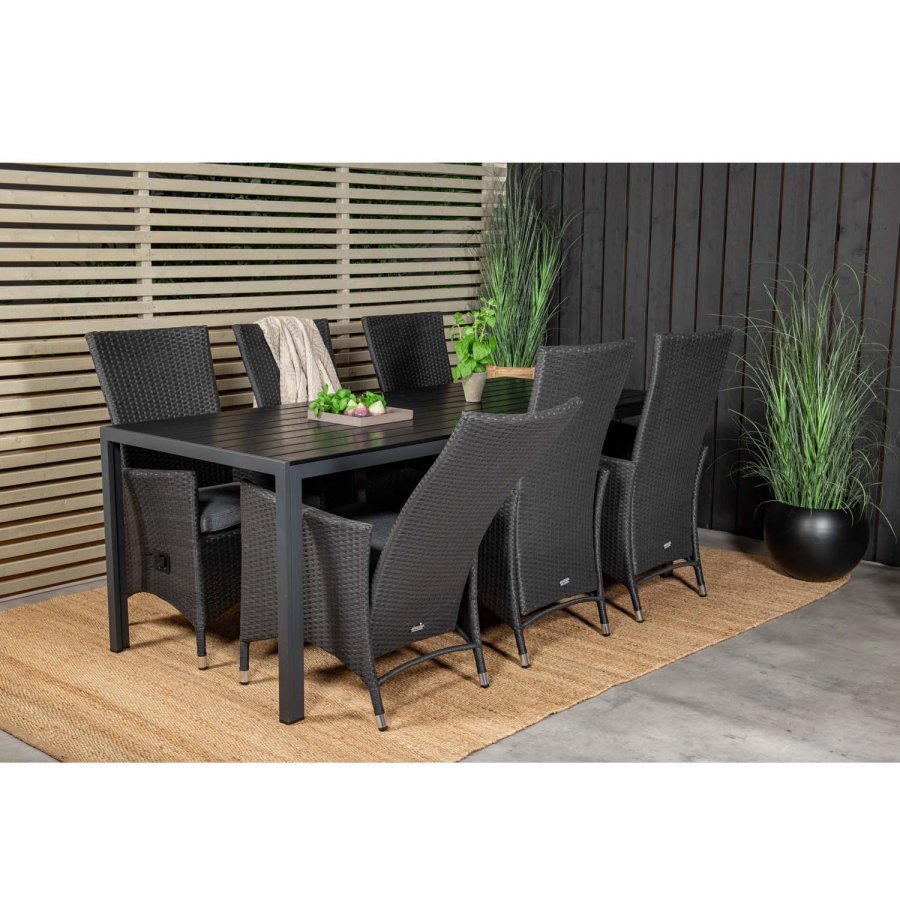 VENTURE DESIGN havest, m. Break bord (205x90) og 6 Padova recliner stole - aintwood/alu/flet