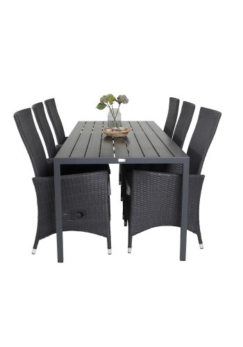 VENTURE DESIGN havest, m. Break bord (205x90) og 6 Padova recliner stole - aintwood/alu/flet