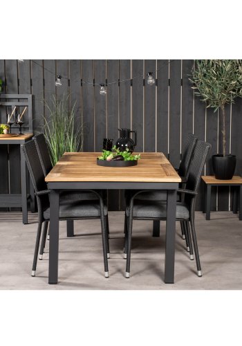 VENTURE DESIGN havest, m. Panama bord, m. udtrk og 4 Anna stole - natur teak/sort alu 