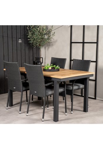VENTURE DESIGN havest, m. Panama bord, m. udtrk og 4 Anna stole - natur teak/sort alu 