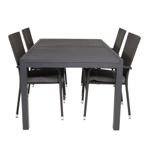 VENTURE DESIGN havest, m. Marbella bord, m. udtrk og 4 Anna stole - sort aintwood/alu/rattan 