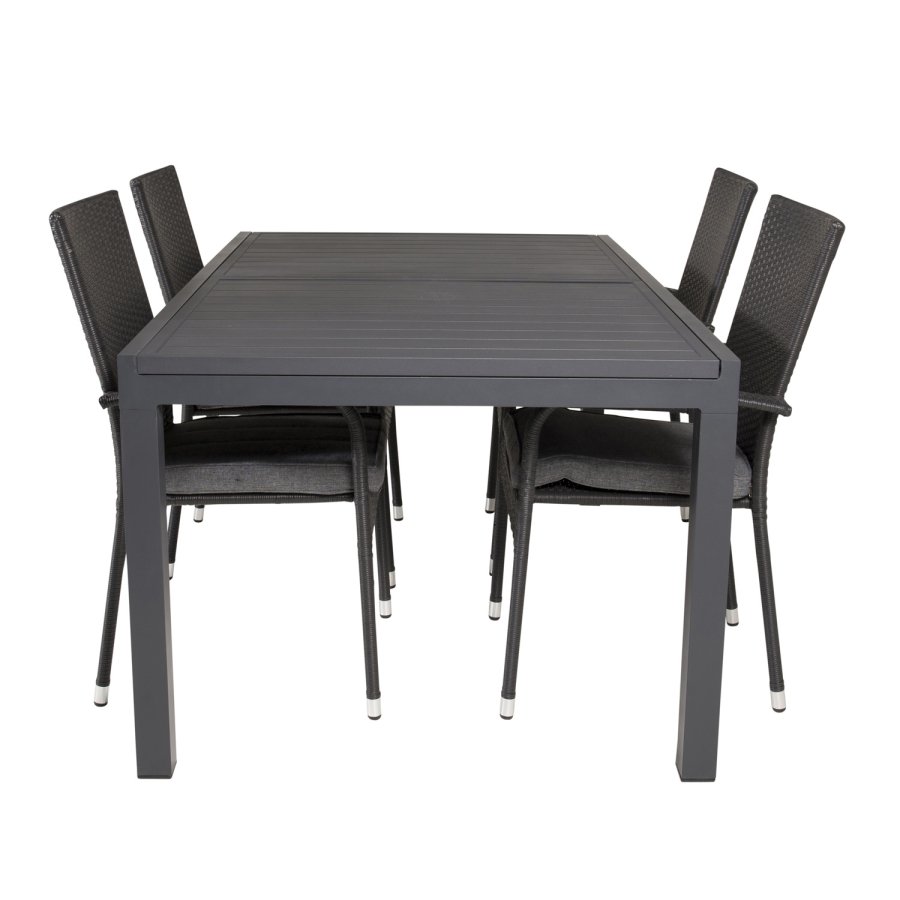 VENTURE DESIGN havest, m. Marbella bord, m. udtrk og 4 Anna stole - sort aintwood/alu/rattan 