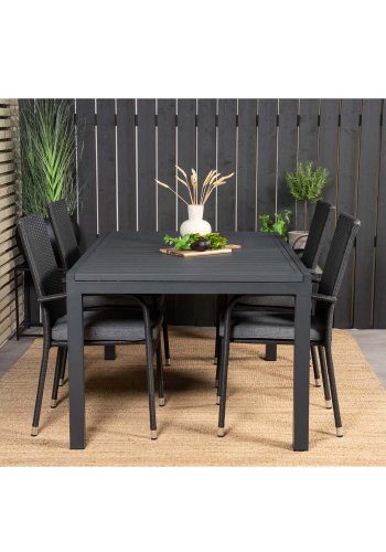 VENTURE DESIGN havest, m. Marbella bord, m. udtrk og 4 Anna stole - sort aintwood/alu/rattan 