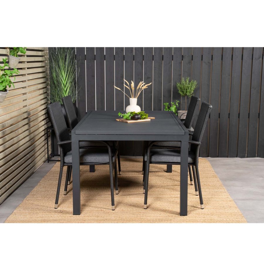 VENTURE DESIGN havest, m. Marbella bord, m. udtrk og 4 Anna stole - sort aintwood/alu/rattan 