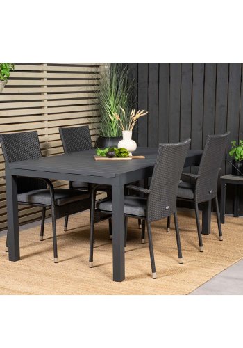 VENTURE DESIGN havest, m. Marbella bord, m. udtrk og 4 Anna stole - sort aintwood/alu/rattan 