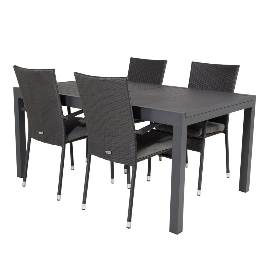 VENTURE DESIGN havest, m. Marbella bord, m. udtrk og 4 Anna stole - sort aintwood/alu/rattan 