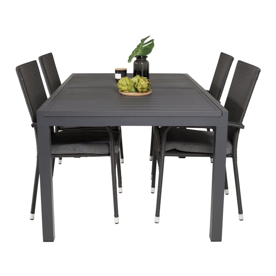 VENTURE DESIGN havest, m. Marbella bord, m. udtrk og 4 Anna stole - sort aintwood/alu/rattan 