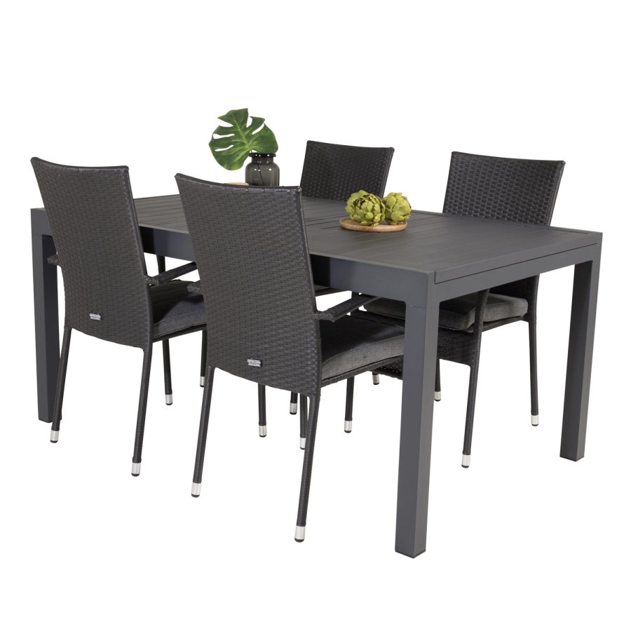 VENTURE DESIGN havest, m. Marbella bord, m. udtrk og 4 Anna stole - sort aintwood/alu/rattan 