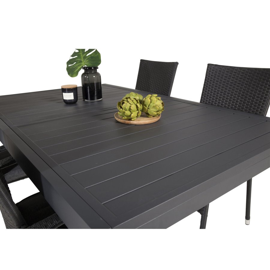 VENTURE DESIGN havest, m. Marbella bord, m. udtrk og 4 Anna stole - sort aintwood/alu/rattan 
