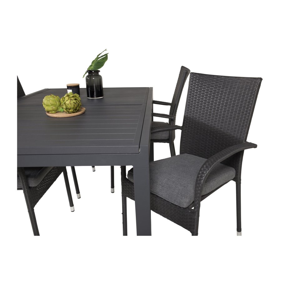 VENTURE DESIGN havest, m. Marbella bord, m. udtrk og 4 Anna stole - sort aintwood/alu/rattan 