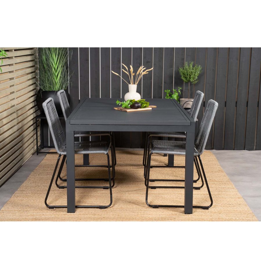 VENTURE DESIGN havest, m. Marbella bord, m. udtrk og 4 Lindos stole - reb/aluminium