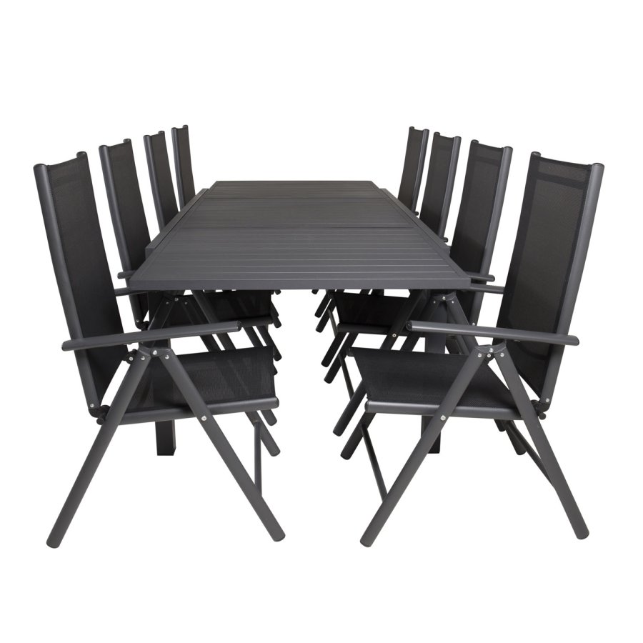 VENTURE DESIGN havest m. Marbella bord m. udtrk og 8 Break stole m. recliner - sort alu/textilene