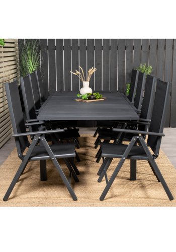VENTURE DESIGN havest m. Marbella bord m. udtrk og 8 Break stole m. recliner - sort alu/textilene