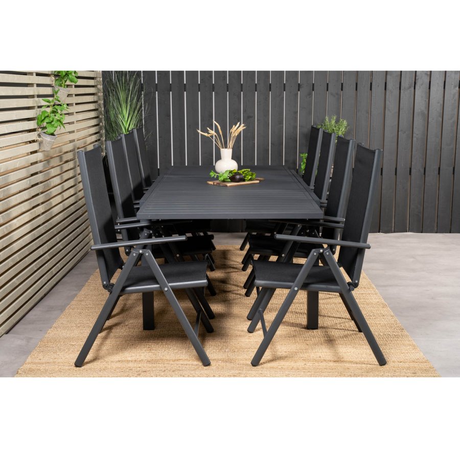 VENTURE DESIGN havest m. Marbella bord m. udtrk og 8 Break stole m. recliner - sort alu/textilene