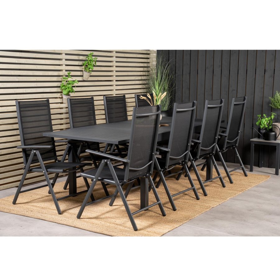 VENTURE DESIGN havest m. Marbella bord m. udtrk og 8 Break stole m. recliner - sort alu/textilene