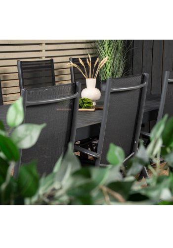 VENTURE DESIGN havest m. Marbella bord m. udtrk og 8 Break stole m. recliner - sort alu/textilene