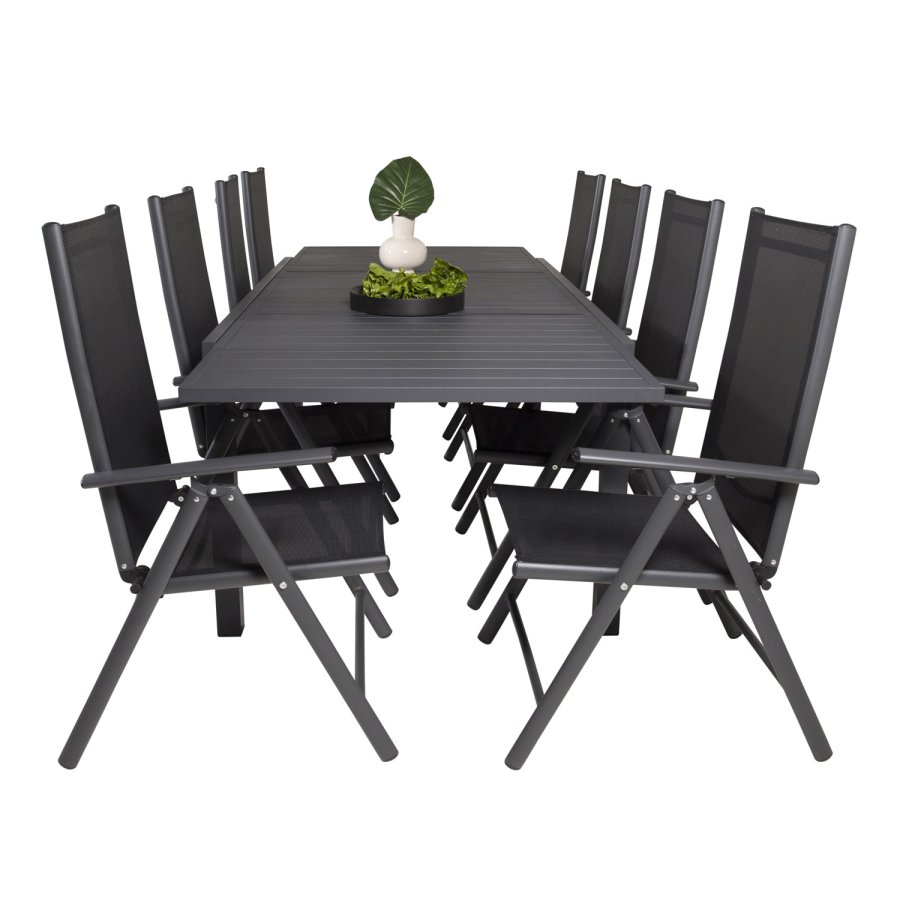 VENTURE DESIGN havest m. Marbella bord m. udtrk og 8 Break stole m. recliner - sort alu/textilene