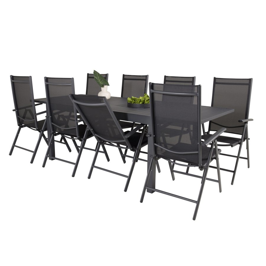 VENTURE DESIGN havest m. Marbella bord m. udtrk og 8 Break stole m. recliner - sort alu/textilene
