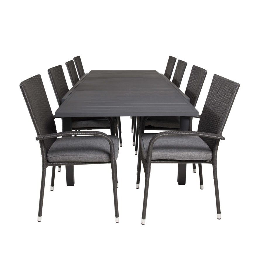 VENTURE DESIGN havest m Marbella bord m. udtrk og 8 Anna stole m. armln + hynde - sort rattan/alu
