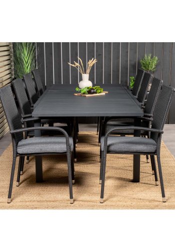 VENTURE DESIGN havest m Marbella bord m. udtrk og 8 Anna stole m. armln + hynde - sort rattan/alu