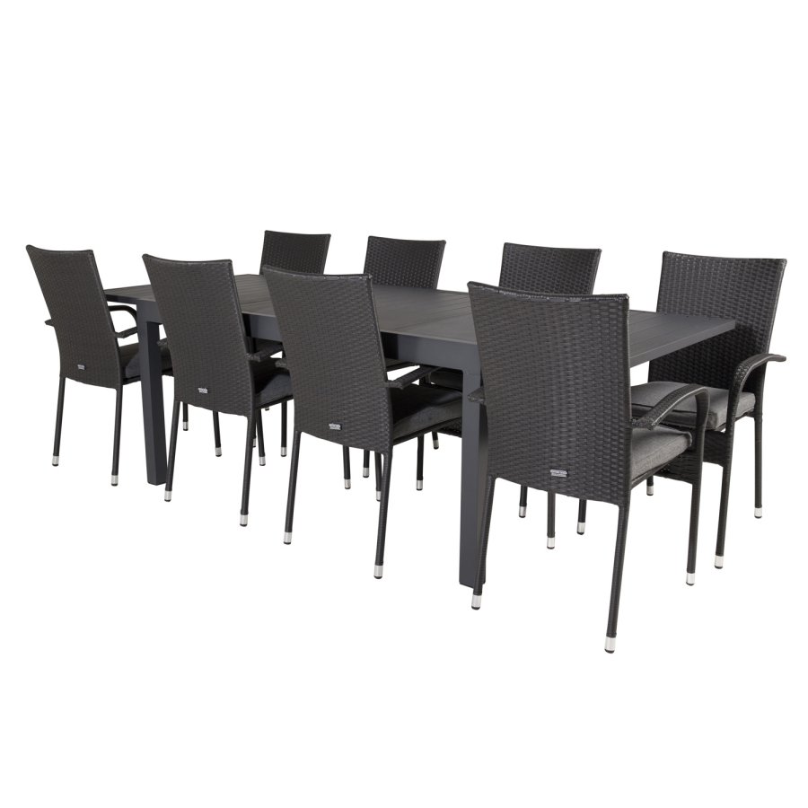 VENTURE DESIGN havest m Marbella bord m. udtrk og 8 Anna stole m. armln + hynde - sort rattan/alu