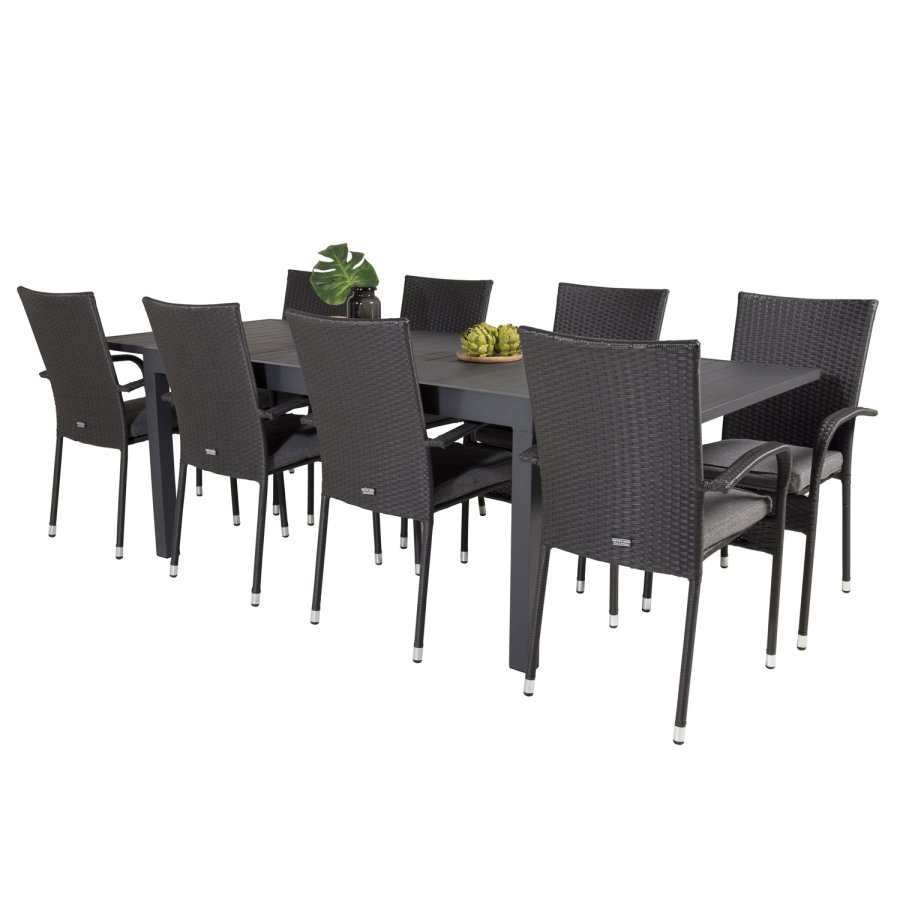VENTURE DESIGN havest m Marbella bord m. udtrk og 8 Anna stole m. armln + hynde - sort rattan/alu