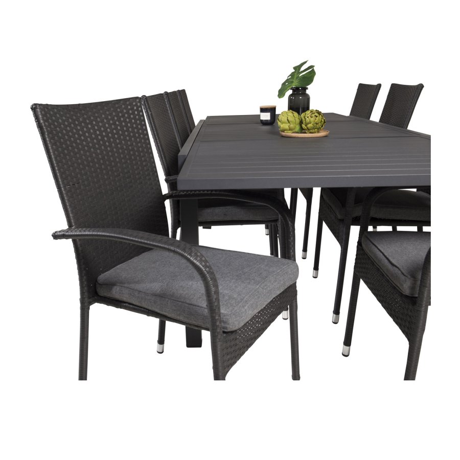 VENTURE DESIGN havest m Marbella bord m. udtrk og 8 Anna stole m. armln + hynde - sort rattan/alu
