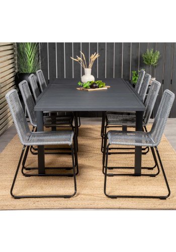VENTURE DESIGN havest m. Marbella bord m. udtrk og 8 Lindos stole - grt reb/sort alu
