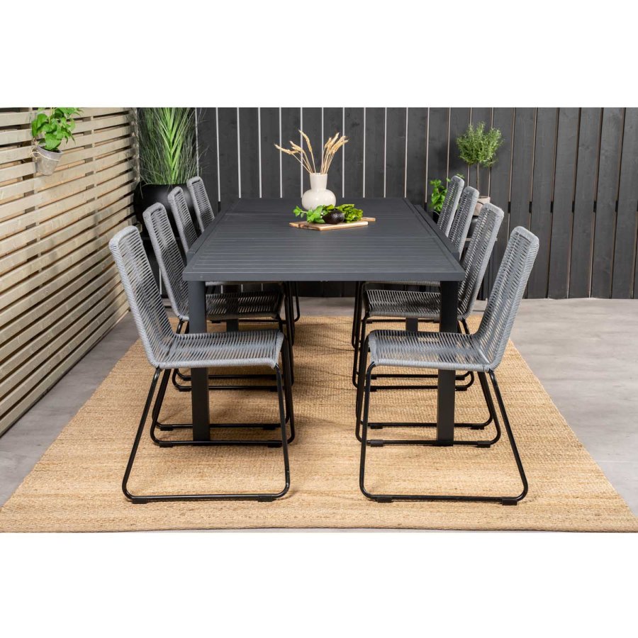 VENTURE DESIGN havest m. Marbella bord m. udtrk og 8 Lindos stole - grt reb/sort alu