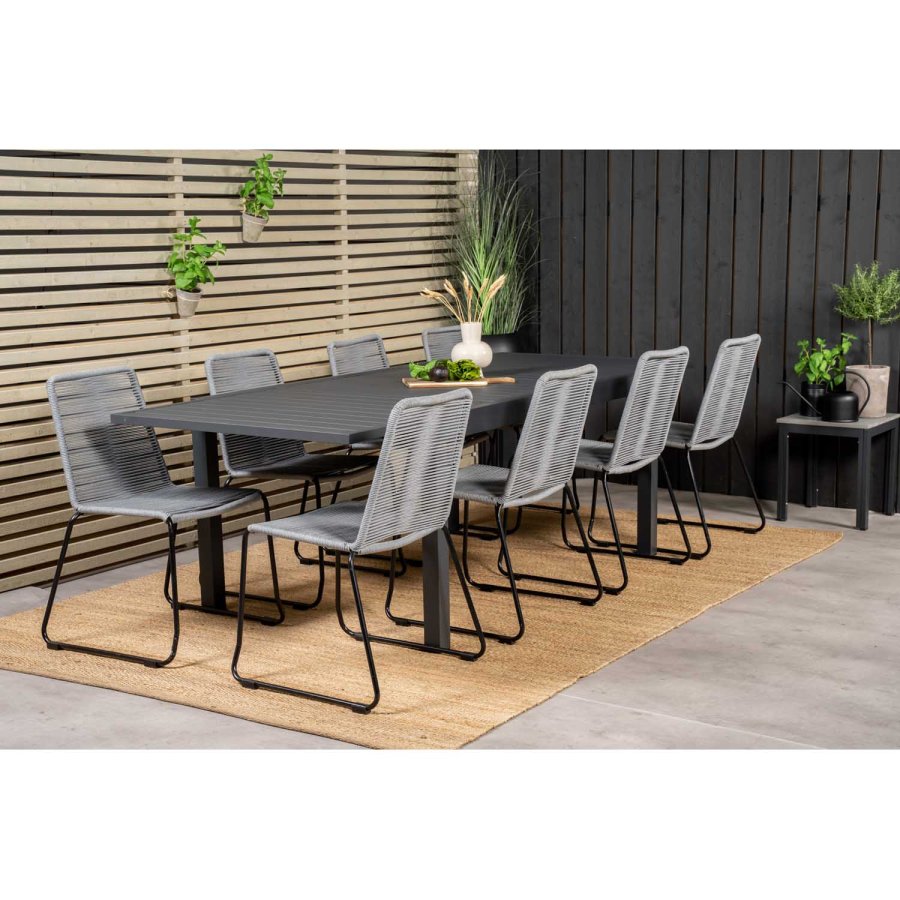 VENTURE DESIGN havest m. Marbella bord m. udtrk og 8 Lindos stole - grt reb/sort alu