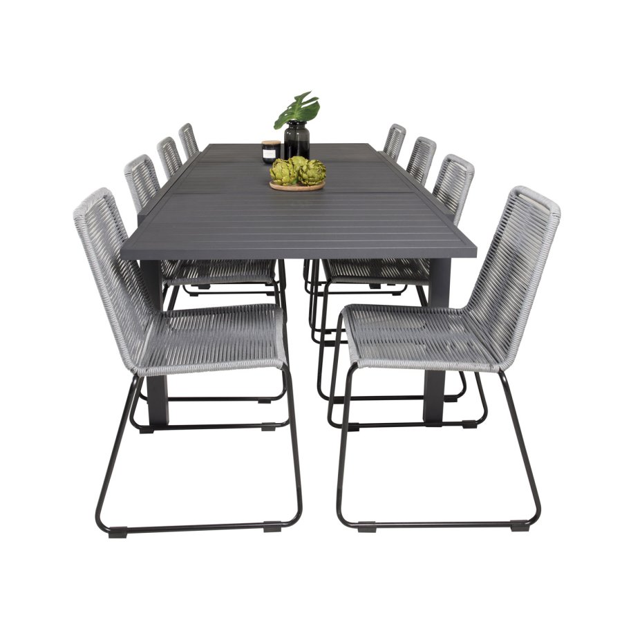 VENTURE DESIGN havest m. Marbella bord m. udtrk og 8 Lindos stole - grt reb/sort alu