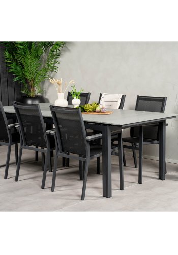 VENTURE DESIGN havest, m. Levels bord, m. udtrk og 6 Parma stole, m. armln - aintwood/alu