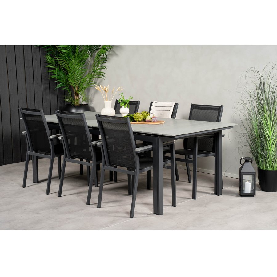 VENTURE DESIGN havest, m. Levels bord, m. udtrk og 6 Parma stole, m. armln - aintwood/alu