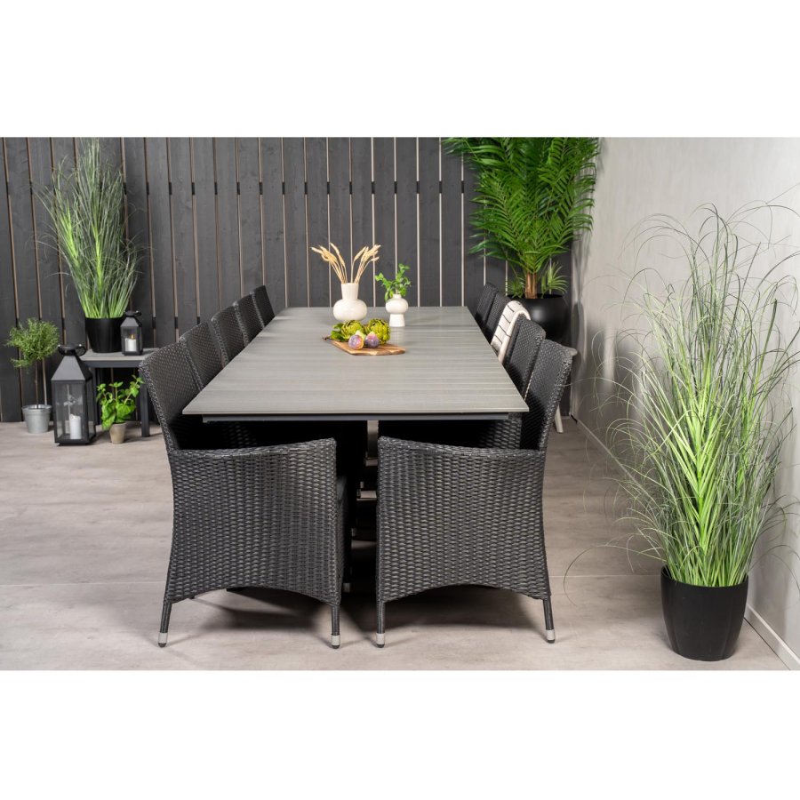 VENTURE DESIGN havest m Levels bord m udtrk og 10 Knick stole m. armln - gr aintwood/sort rattan