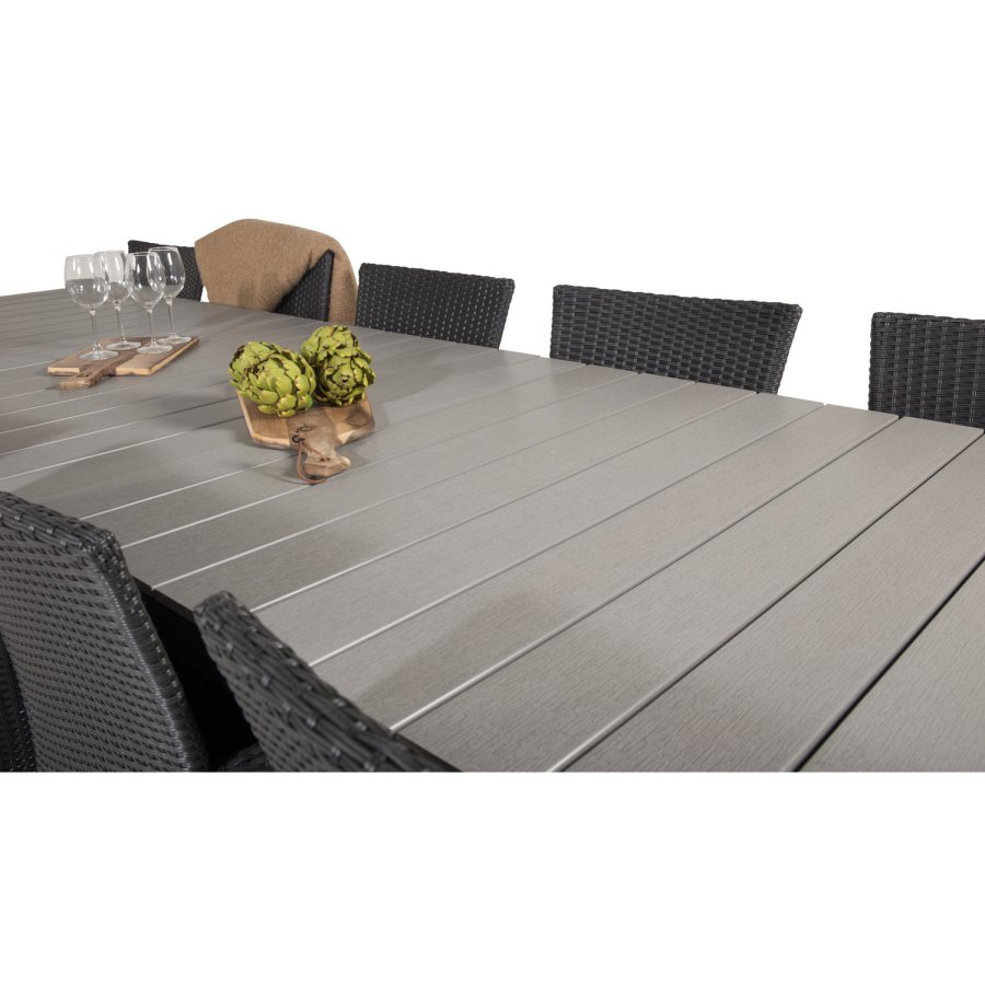 VENTURE DESIGN havest m Levels bord m udtrk og 10 Knick stole m. armln - gr aintwood/sort rattan