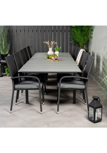 VENTURE DESIGN havest m Levels bord m. udtrk og 10 Anna stole m. armln - gr aintwood/sort rattan