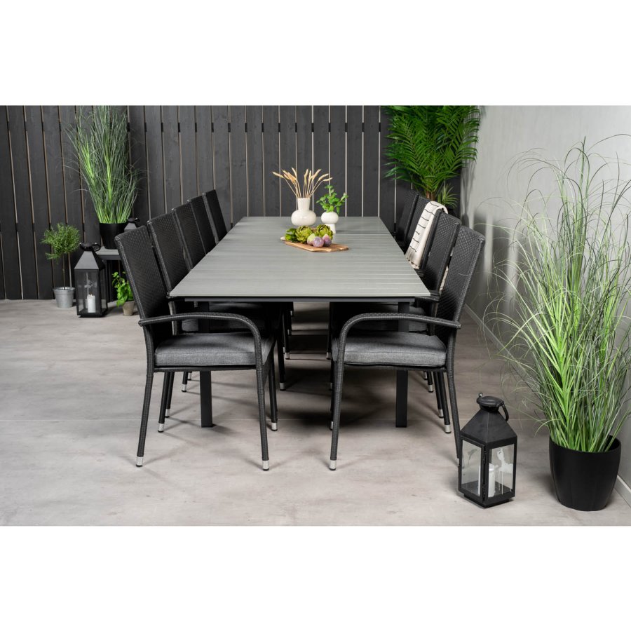 VENTURE DESIGN havest m Levels bord m. udtrk og 10 Anna stole m. armln - gr aintwood/sort rattan