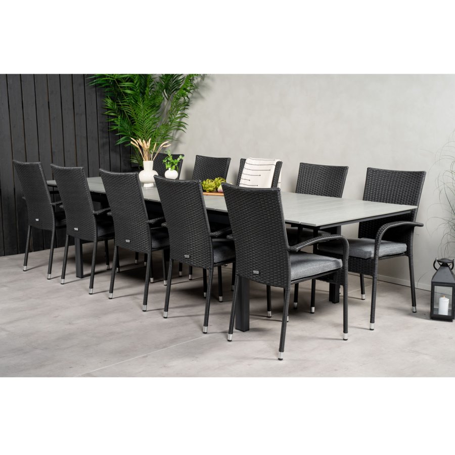 VENTURE DESIGN havest m Levels bord m. udtrk og 10 Anna stole m. armln - gr aintwood/sort rattan