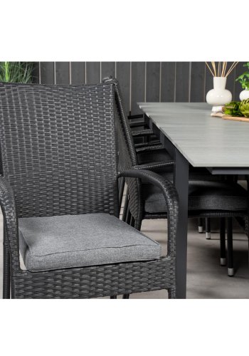 VENTURE DESIGN havest m Levels bord m. udtrk og 10 Anna stole m. armln - gr aintwood/sort rattan