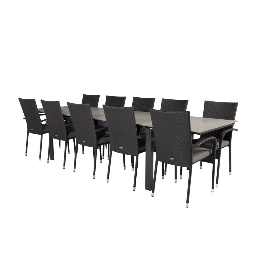 VENTURE DESIGN havest m Levels bord m. udtrk og 10 Anna stole m. armln - gr aintwood/sort rattan