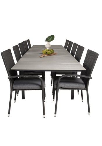 VENTURE DESIGN havest m Levels bord m. udtrk og 10 Anna stole m. armln - gr aintwood/sort rattan