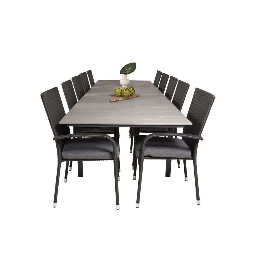 VENTURE DESIGN havest m Levels bord m. udtrk og 10 Anna stole m. armln - gr aintwood/sort rattan