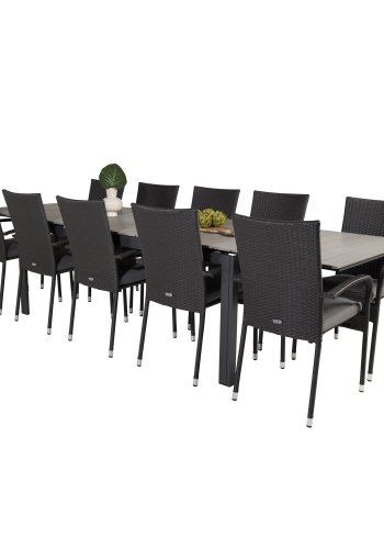 VENTURE DESIGN havest m Levels bord m. udtrk og 10 Anna stole m. armln - gr aintwood/sort rattan