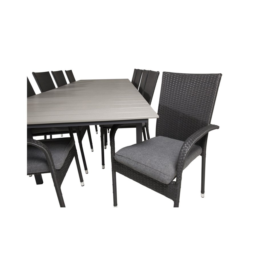 VENTURE DESIGN havest m Levels bord m. udtrk og 10 Anna stole m. armln - gr aintwood/sort rattan