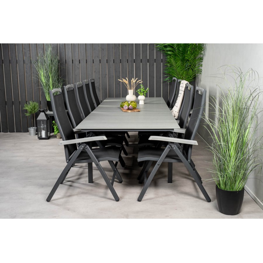 VENTURE DESIGN havest m. Levels bord m. udtrk og 10 Albany stole m. recliner - gr aintwood/sort 