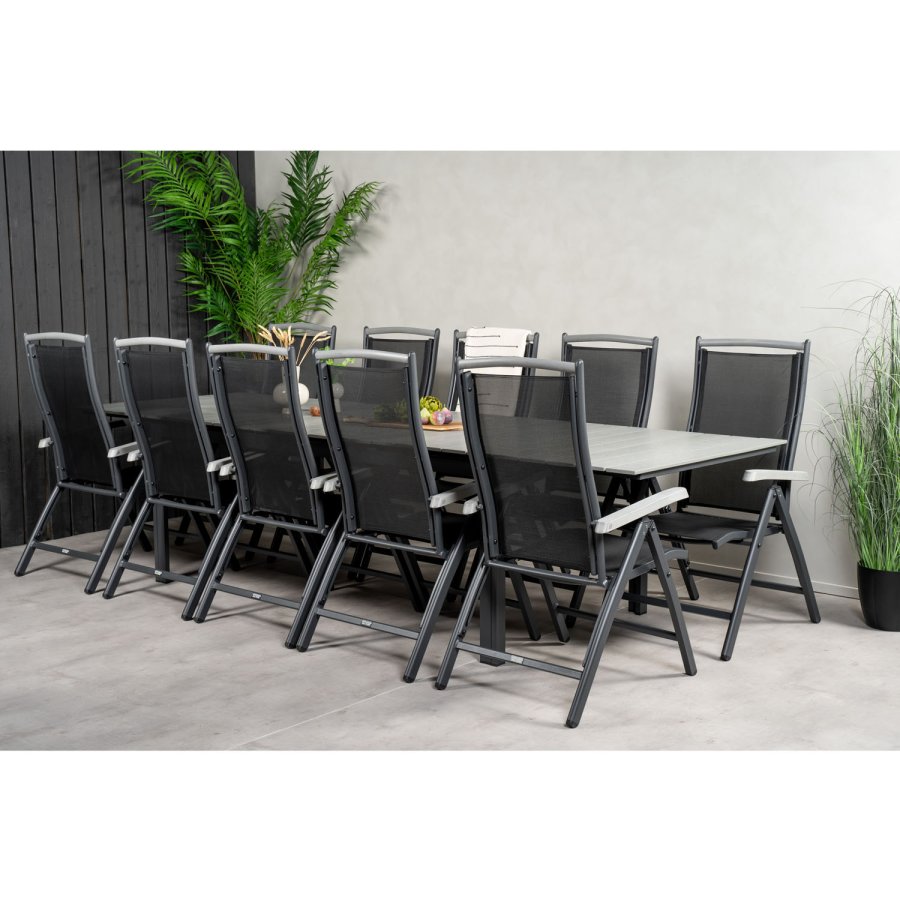 VENTURE DESIGN havest m. Levels bord m. udtrk og 10 Albany stole m. recliner - gr aintwood/sort 