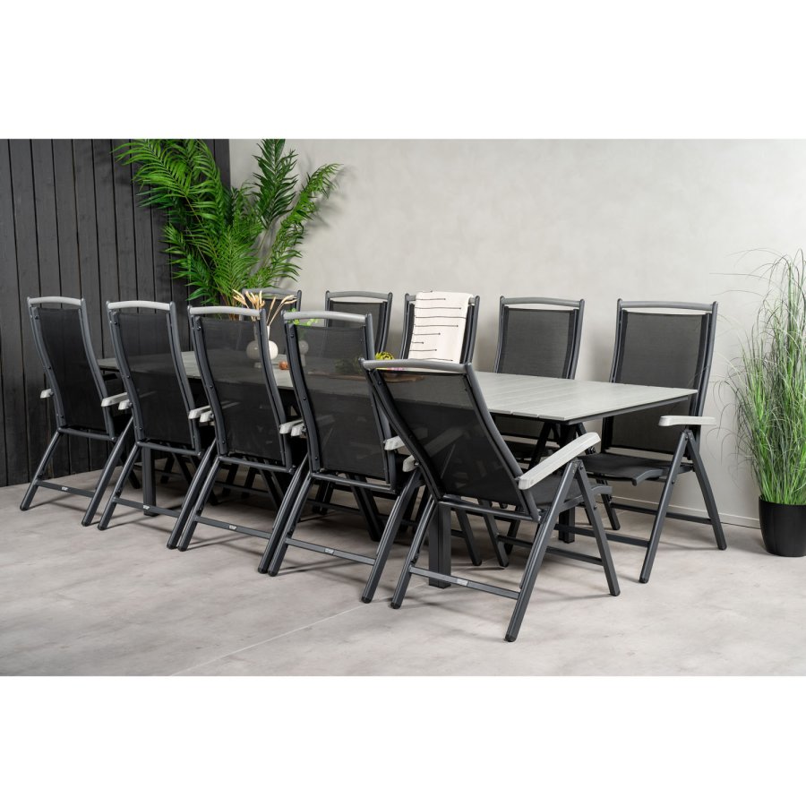 VENTURE DESIGN havest m. Levels bord m. udtrk og 10 Albany stole m. recliner - gr aintwood/sort 