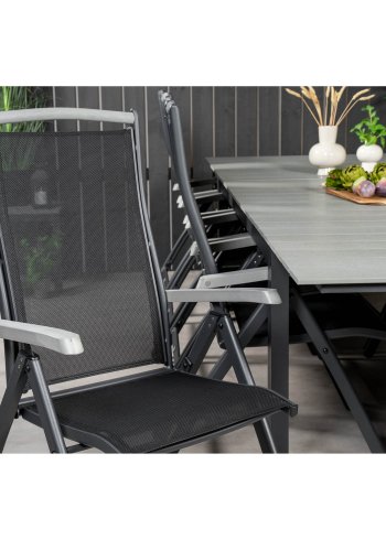 VENTURE DESIGN havest m. Levels bord m. udtrk og 10 Albany stole m. recliner - gr aintwood/sort 