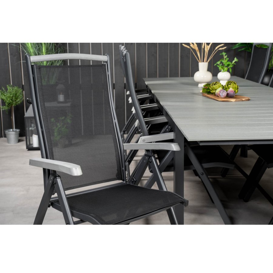 VENTURE DESIGN havest m. Levels bord m. udtrk og 10 Albany stole m. recliner - gr aintwood/sort 